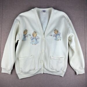 Vintage Won's Wear Cardigan XL Angel Baby Graphic White Sweatshirt‎ USA Made 90s